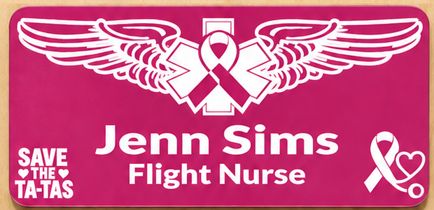 Pink and white Breast Cancer Awareness hard plastic name badge
