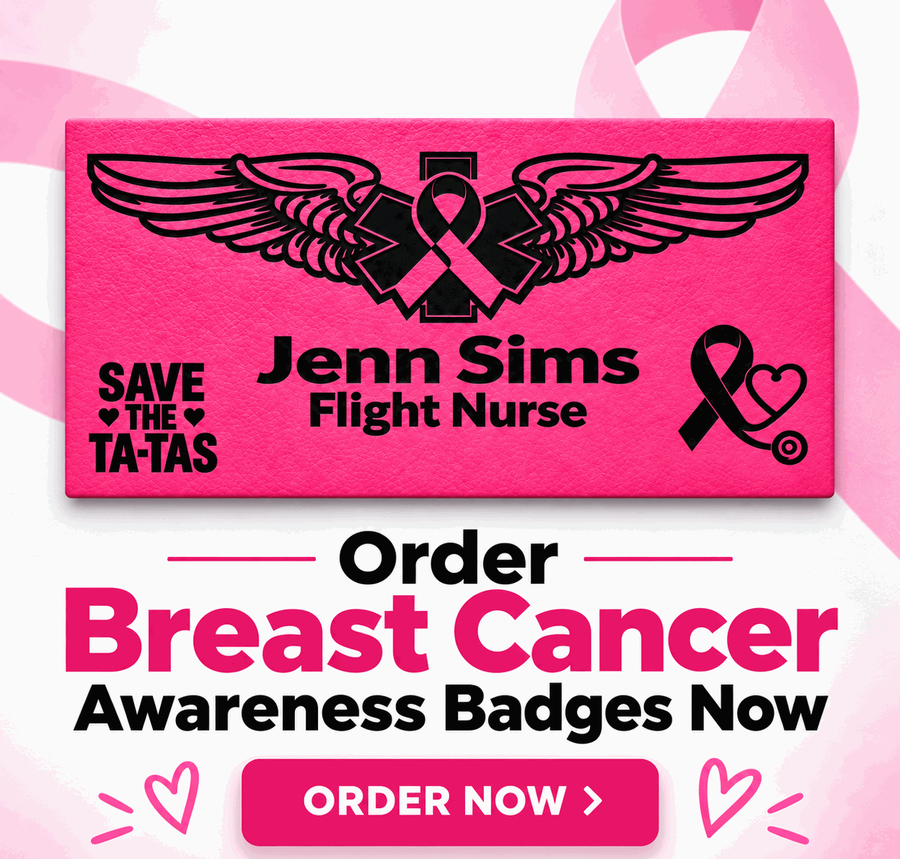 Order Breast Cancer Awareness badges now — pink leatherette badge with ribbon wings