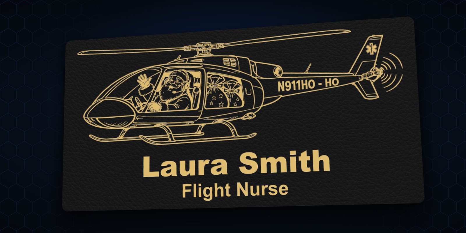 Black and gold leatherette Christmas flight badge: Santa waving from a helicopter