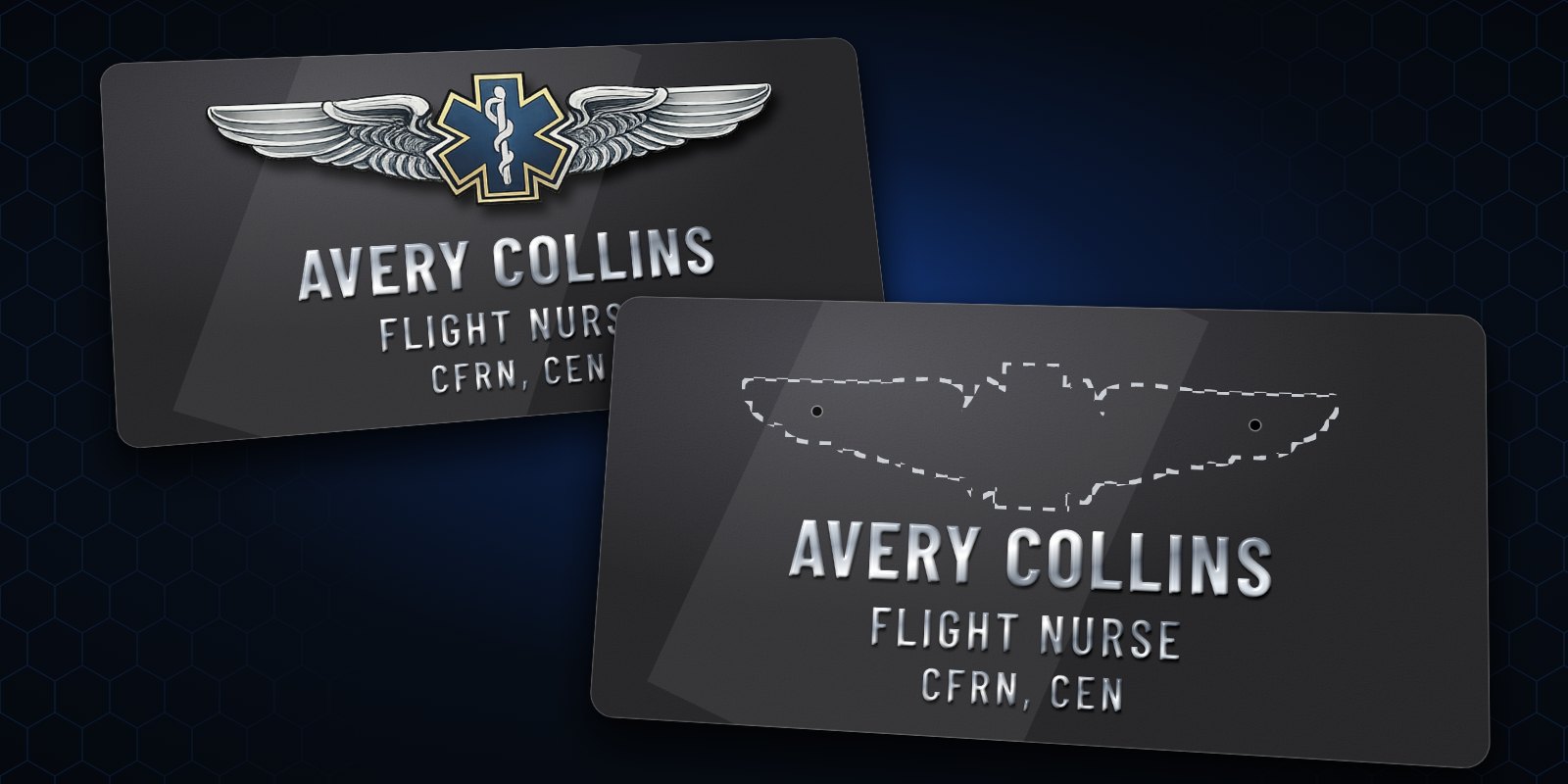 Two pinhole badges: one with chrome metal wings pinned on, one showing the two tiny pin holes and a dashed outline where the wings go