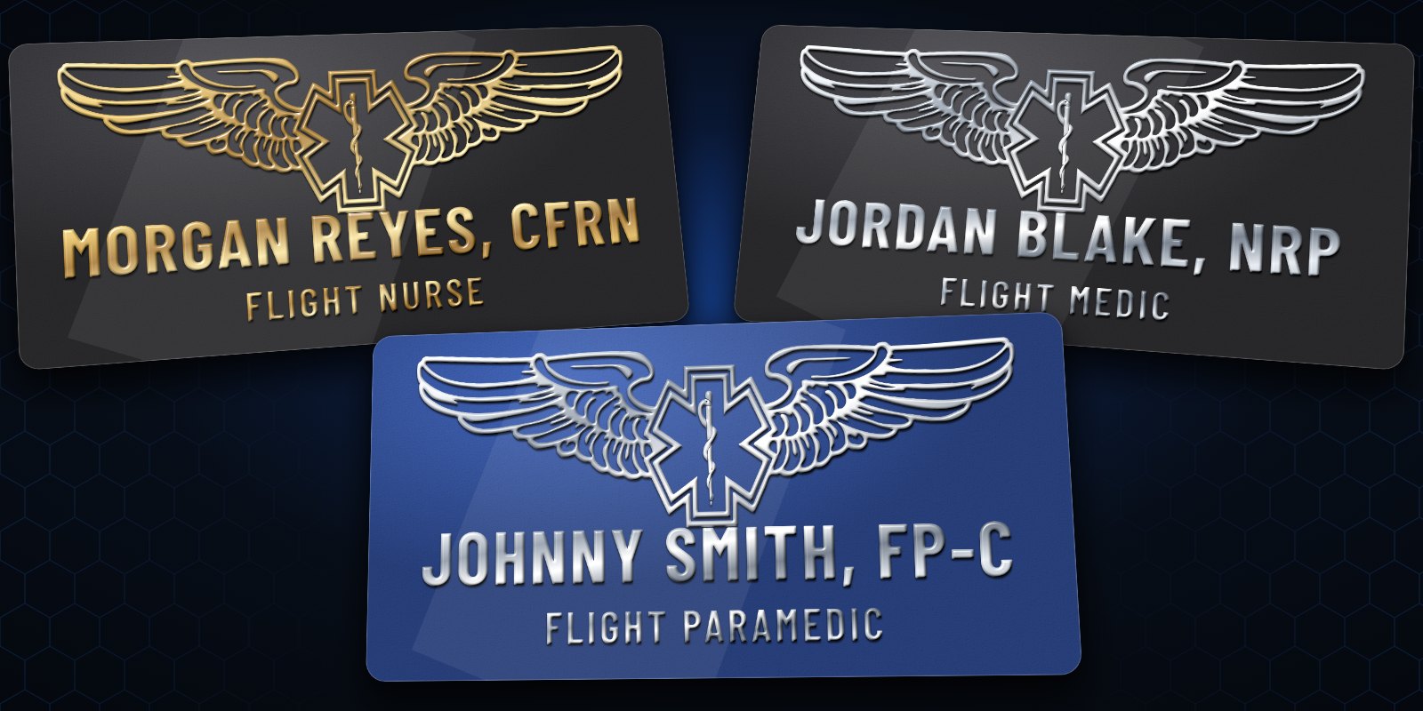Three leather flight badges: black and gold, black and silver, and blue and silver