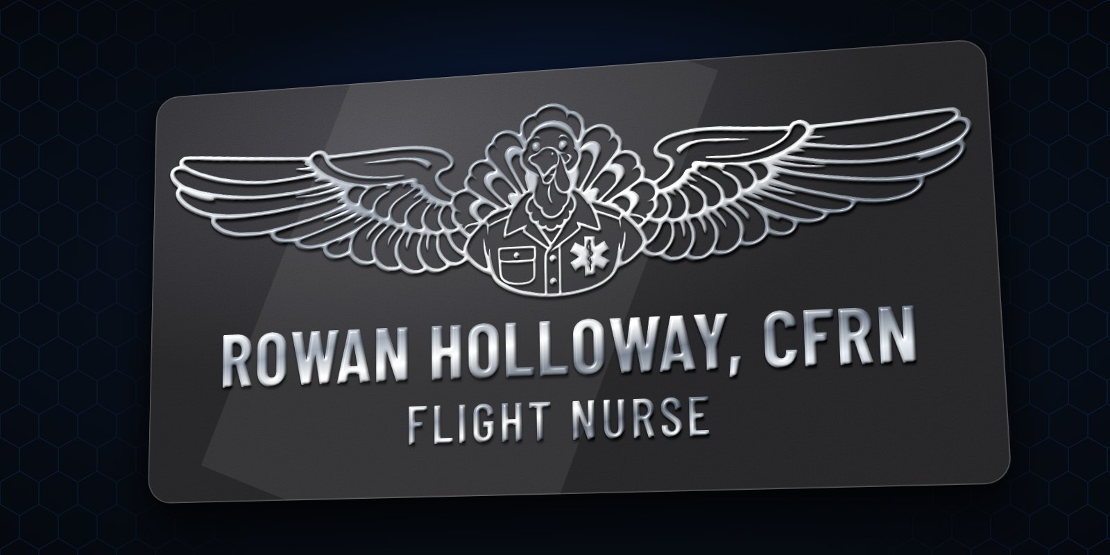 Black leatherette Thanksgiving flight badge with EMS turkey wings engraved in silver